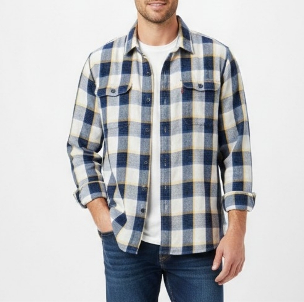 Levis San Francisco Mens Blue White Checked Long Sleeve Shirt Size XL Flannel